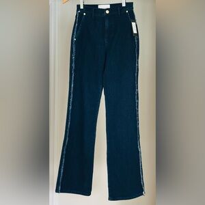 High Rise Dark Blue Straight Leg Stretchy Fringe Gold Buttoned Jeans